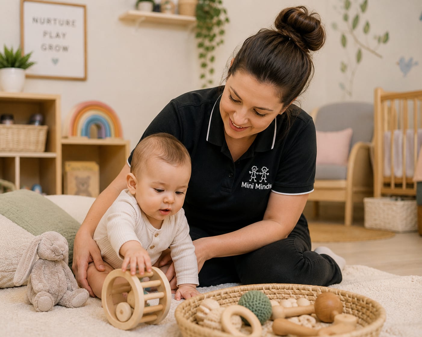 A Mini Minds childcare educator engaging with an infant during playtime in a calm, nurturing nursery filled with natural toys and a safe learning environment.